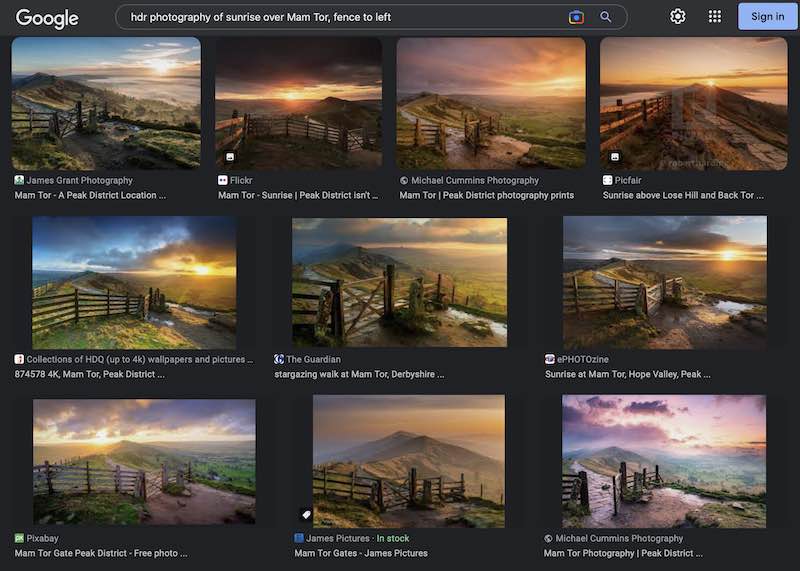A Google search for Mam Tor Sunrise images